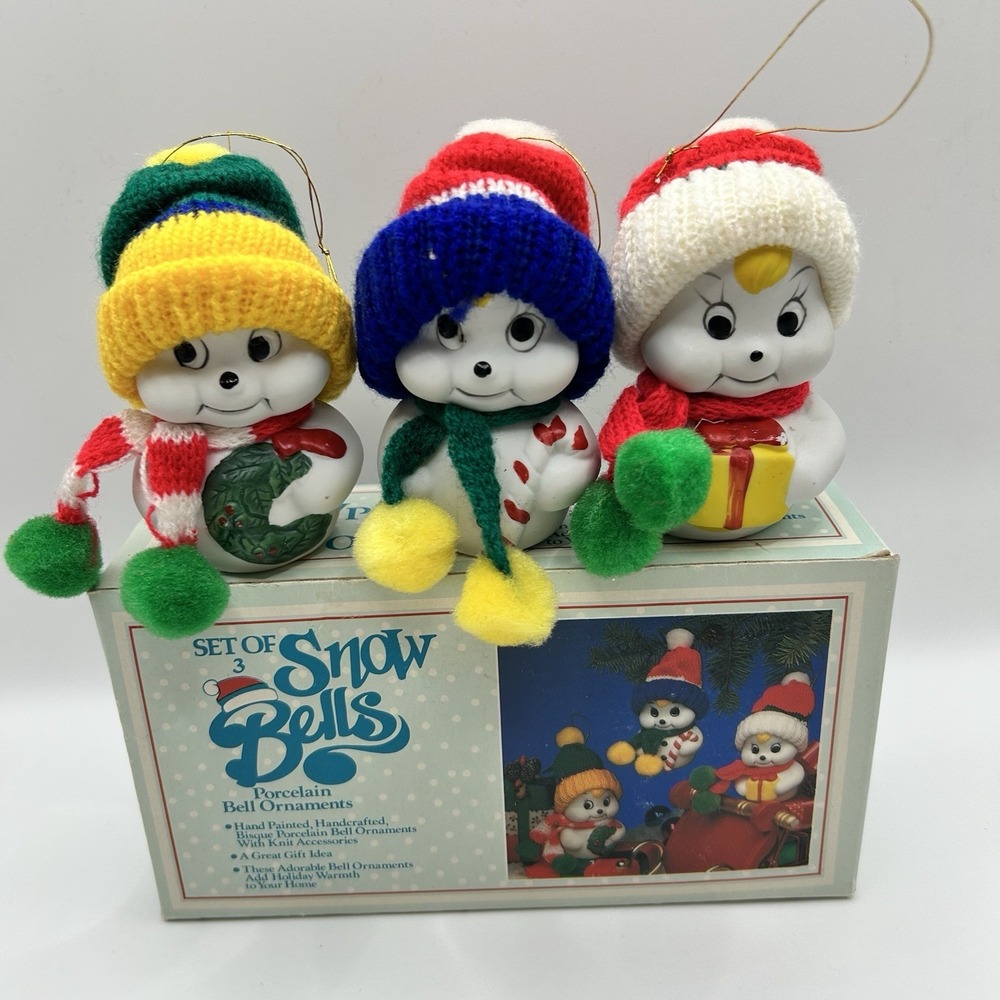 VINTAGE GIFTCO SET OF (3) SNOW BELLS BISQUE PORCELAIN BELL CHRISTMAS ORNAMENTS